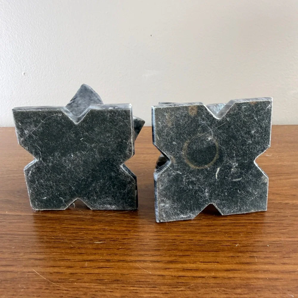 Pair Vintage Carved Marble Lotus Flower Candle Holders Gray Stone 3